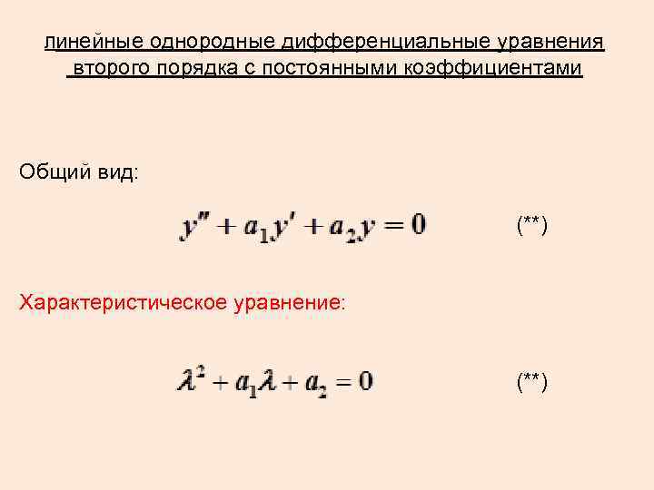 Линейные однородные дифференциальные уравнения второго порядка с постоянными коэффициентами Общий вид: (**) Характеристическое уравнение: