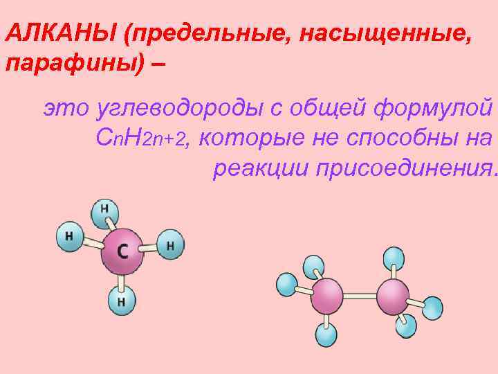 АЛКАНЫ (предельные, насыщенные, парафины) – это углеводороды с общей формулой Cn. H 2 n+2,