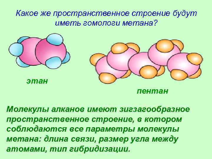 Какое же пространственное строение будут иметь гомологи метана? этан пентан Молекулы алканов имеют зигзагообразное