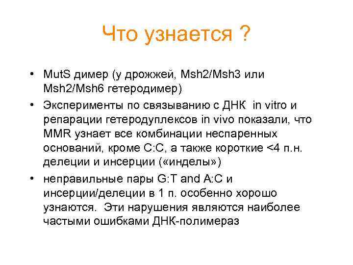 Что узнается ? • Mut. S димер (у дрожжей, Msh 2/Msh 3 или Msh