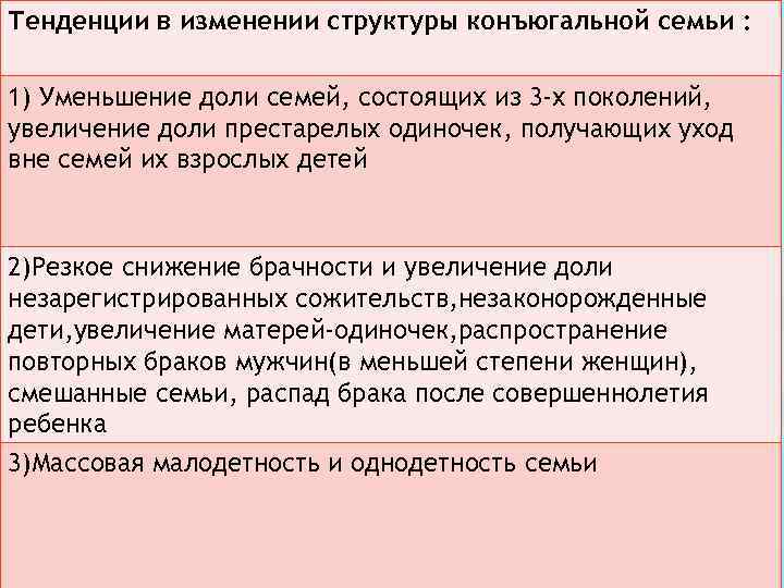 Тенденции в изменении структуры конъюгальной семьи : 1) Уменьшение доли семей, состоящих из 3