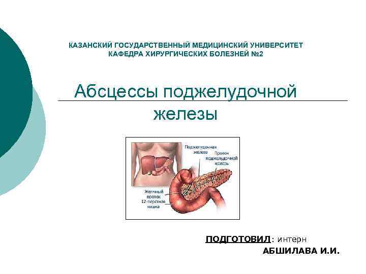 КАЗАНСКИЙ ГОСУДАРСТВЕННЫЙ МЕДИЦИНСКИЙ УНИВЕРСИТЕТ КАФЕДРА ХИРУРГИЧЕСКИХ БОЛЕЗНЕЙ № 2 Абсцессы поджелудочной железы ПОДГОТОВИЛ: интерн