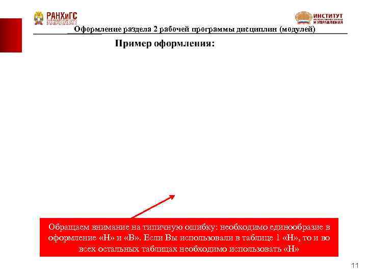 Оформление раздела 2 рабочей программы дисциплин (модулей) Обращаем внимание на типичную ошибку: необходимо единообразие