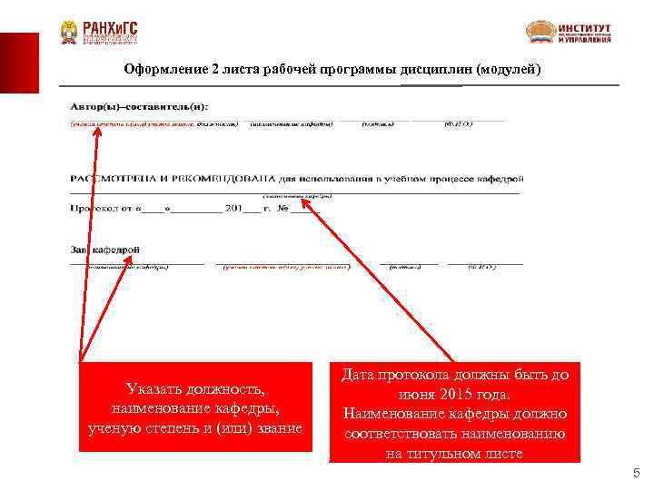 Оформление 2 листа рабочей программы дисциплин (модулей) Указать должность, наименование кафедры, ученую степень и