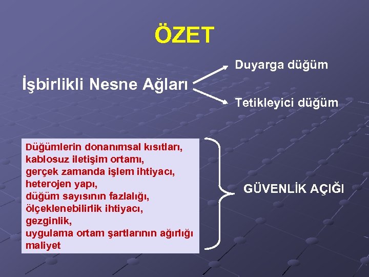 ÖZET Duyarga düğüm İşbirlikli Nesne Ağları Tetikleyici düğüm Düğümlerin donanımsal kısıtları, kablosuz iletişim ortamı,