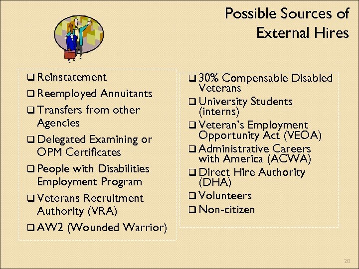 Possible Sources of External Hires q Reinstatement q Reemployed Annuitants q Transfers from other