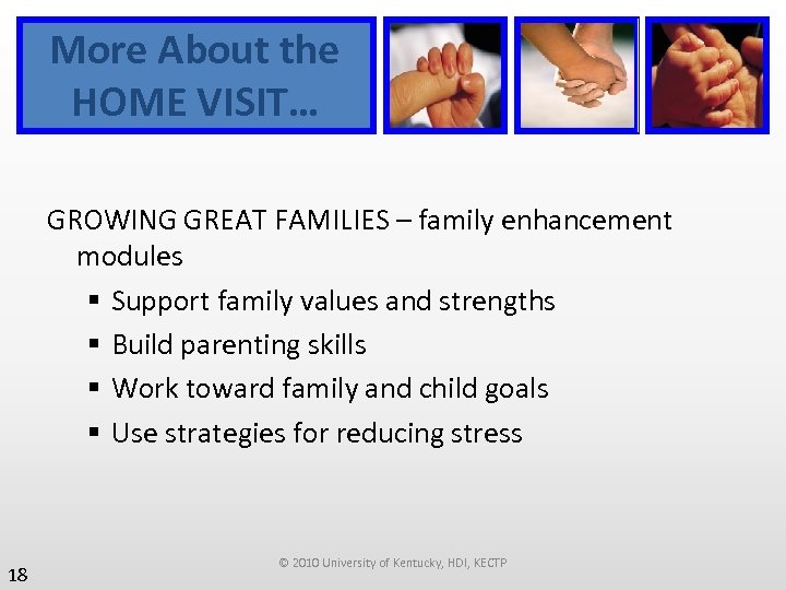 More About the HOME VISIT… GROWING GREAT FAMILIES – family enhancement modules § Support