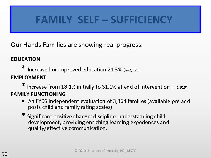 FAMILY SELF – SUFFICIENCY Our Hands Families are showing real progress: EDUCATION * Increased