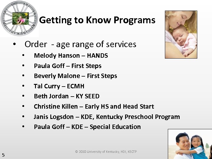 Getting to Know Programs • Order - age range of services • • 5