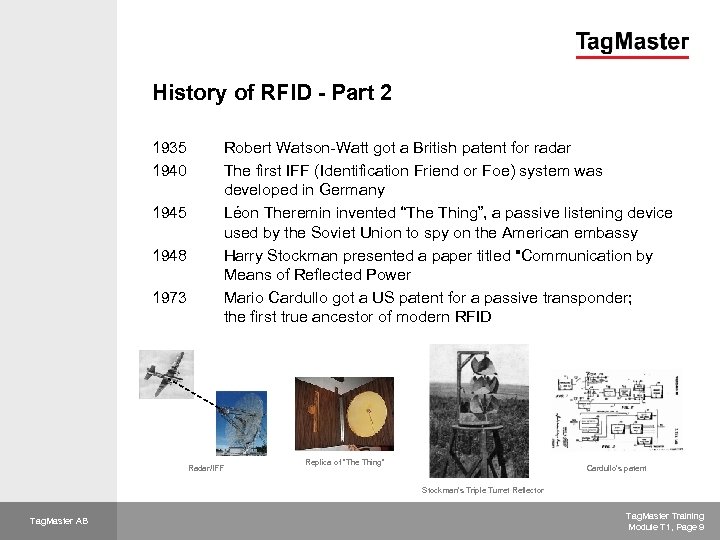 History of RFID - Part 2 1935 1940 1945 1948 1973 Robert Watson Watt