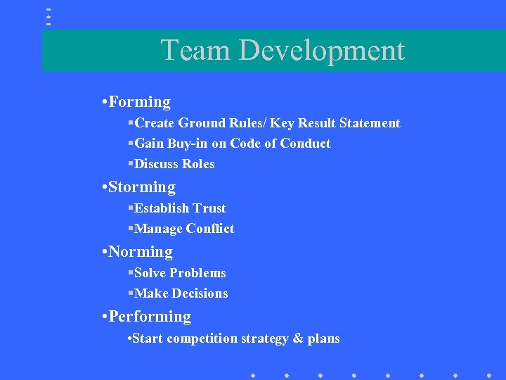 Team Development • Forming §Create Ground Rules/ Key Result Statement §Gain Buy-in on Code
