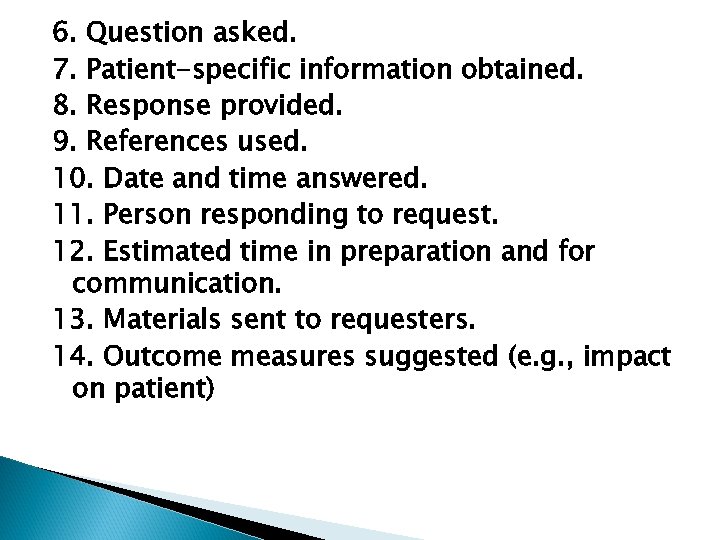 6. Question asked. 7. Patient-specific information obtained. 8. Response provided. 9. References used. 10.