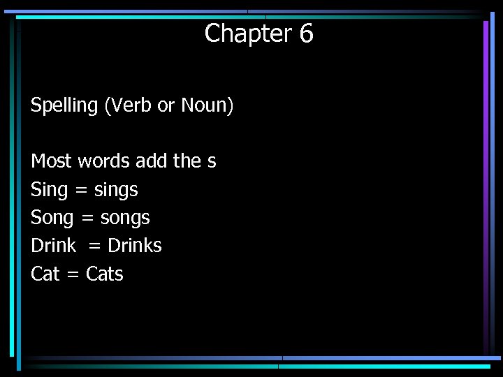 Chapter 6 Spelling (Verb or Noun) Most words add the s Sing = sings