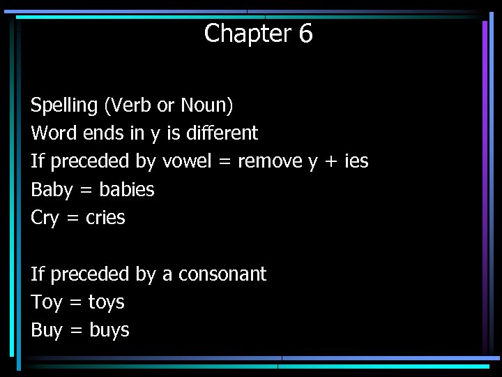 Chapter 6 Spelling (Verb or Noun) Word ends in y is different If preceded