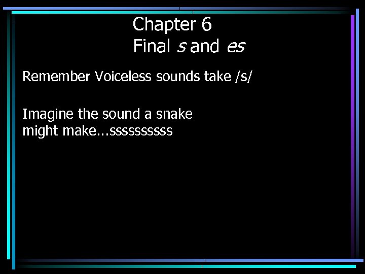 Chapter 6 Final s and es Remember Voiceless sounds take /s/ Imagine the sound