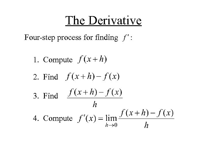 The Derivative Four-step process for finding 1. Compute 2. Find 3. Find 4. Compute