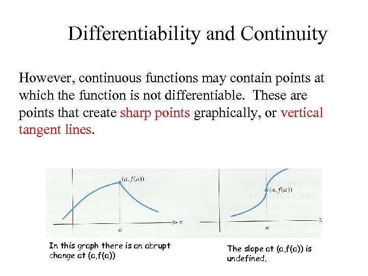 Differentiability and Continuity However, continuous functions may contain points at which the function is