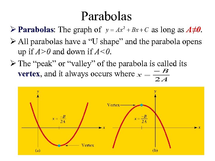 Parabolas Ø Parabolas: The graph of as long as A≠ 0. Ø All parabolas