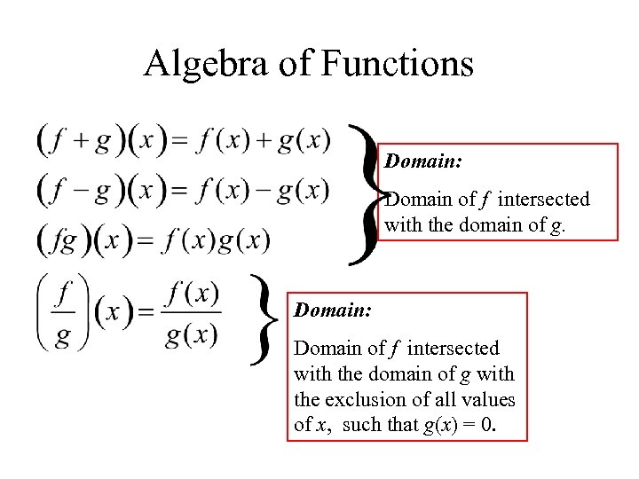 Algebra of Functions Domain: Domain of f intersected with the domain of g with