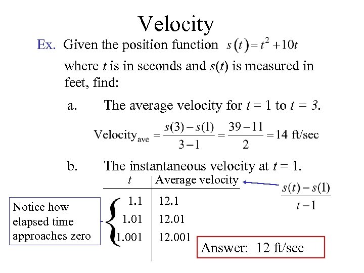 Velocity Ex. Given the position function where t is in seconds and s(t) is