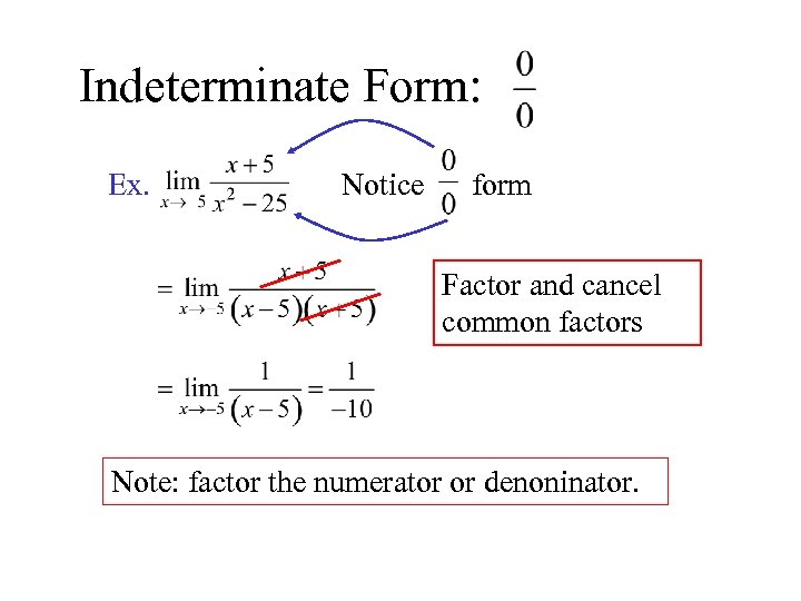 Indeterminate Form: Ex. Notice form Factor and cancel common factors Note: factor the numerator