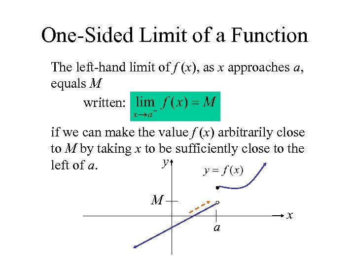 One-Sided Limit of a Function The left-hand limit of f (x), as x approaches