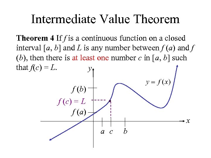 Intermediate Value Theorem 4 If f is a continuous function on a closed interval