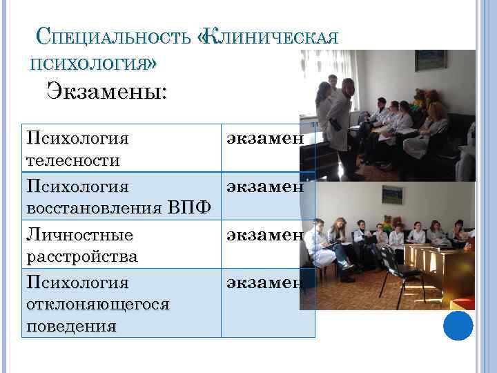 СПЕЦИАЛЬНОСТЬ « ЛИНИЧЕСКАЯ К ПСИХОЛОГИЯ» Экзамены: Психология телесности Психология восстановления ВПФ Личностные расстройства Психология