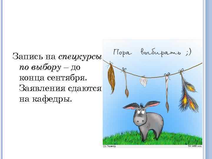 Запись на спецкурсы по выбору – до конца сентября. Заявления сдаются на кафедры. 