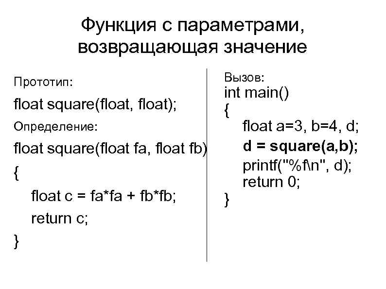 Возвращаемыми параметрами c. Вызов INT main. Возвращаемый Тип значения c. Вещественные значения Float Тип принтф. Прототип значение.