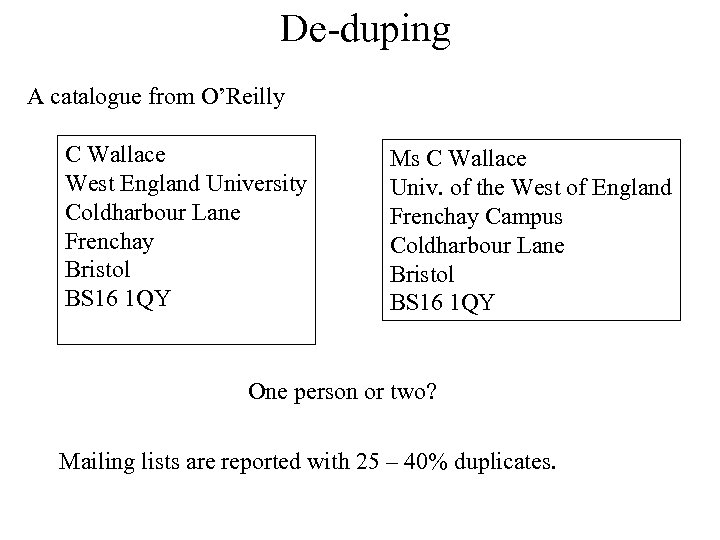 De-duping A catalogue from O’Reilly C Wallace West England University Coldharbour Lane Frenchay Bristol