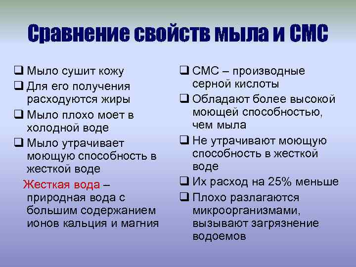 Сравнение свойств мыла и СМС q Мыло сушит кожу q Для его получения расходуются