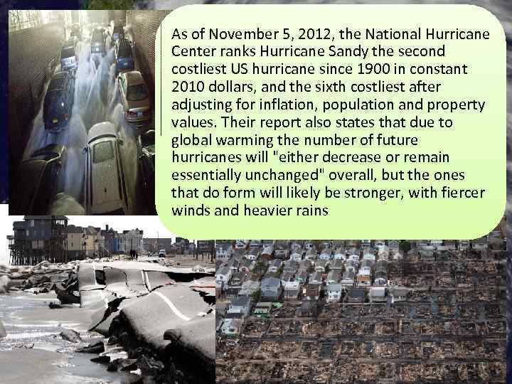 As of November 5, 2012, the National Hurricane Center ranks Hurricane Sandy the second
