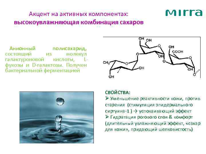 Акцент на активных компонентах: высокоувлажняющая комбинация сахаров Анионный полисахарид, состоящий из молекул галактуроновой кислоты,