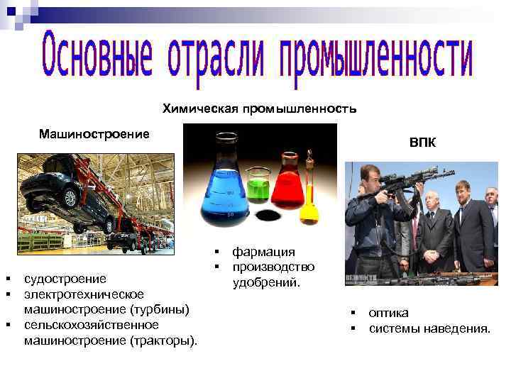 Химическая промышленность Машиностроение § § § судостроение электротехническое машиностроение (турбины) сельскохозяйственное машиностроение (тракторы). ВПК