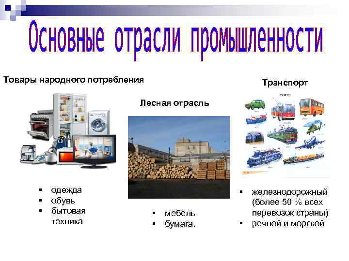 Товары народного потребления Транспорт Лесная отрасль § § § одежда обувь бытовая техника §