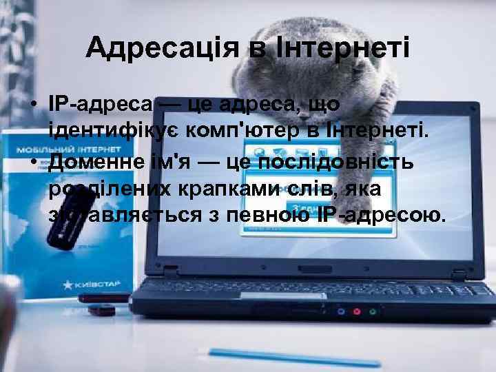 Адресація в Інтернеті • IP-адреса — це адреса, що ідентифікує комп'ютер в Інтернеті. •