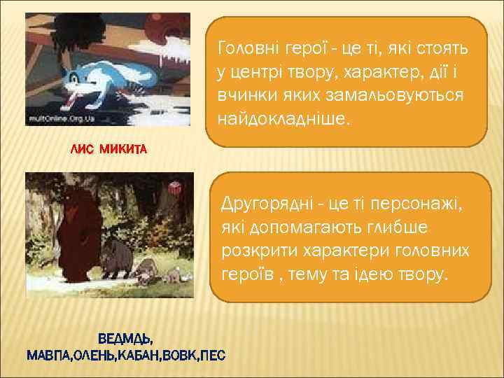 Головні герої - це ті, які стоять у центрі твору, характер, дії і вчинки