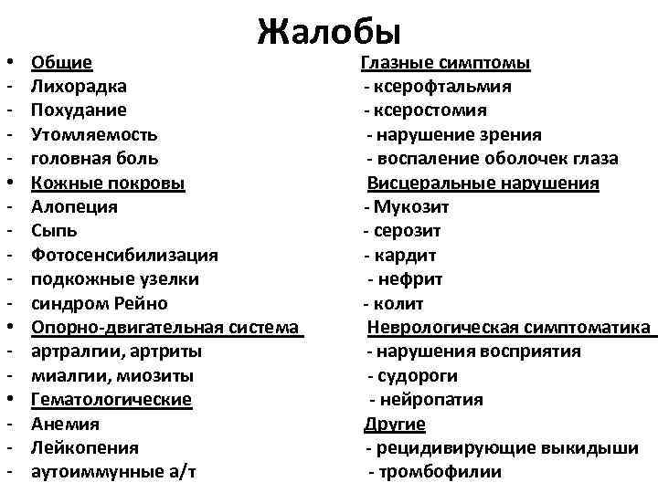  • • - Жалобы Общие Лихорадка Похудание Утомляемость головная боль Кожные покровы Алопеция