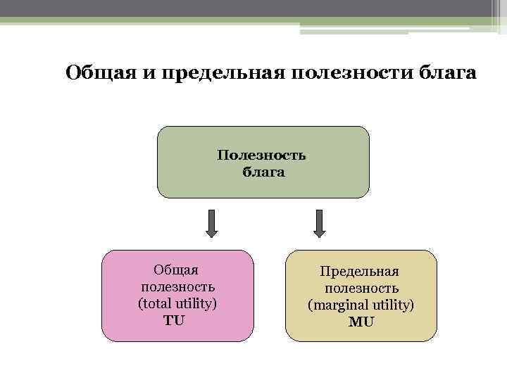 Общая и предельная полезности блага Полезность блага Общая полезность (total utility) TU Предельная полезность