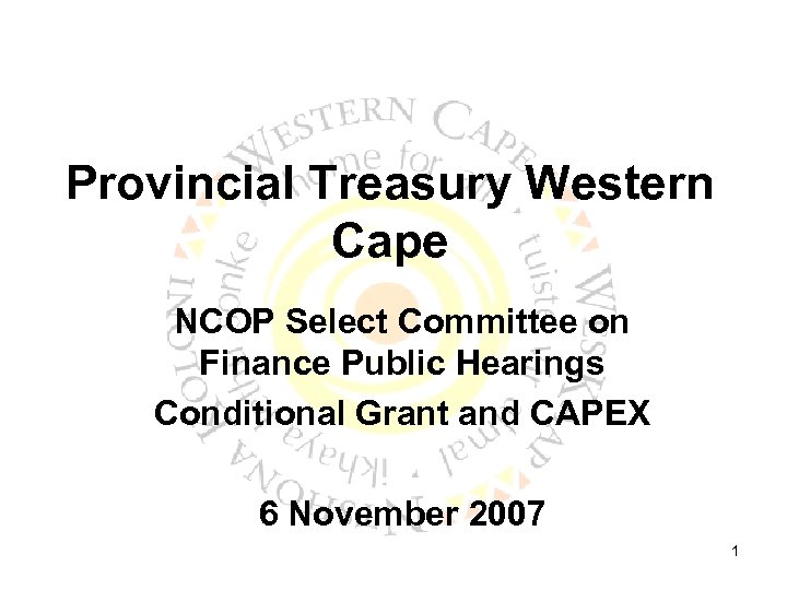 Provincial Treasury Western Cape NCOP Select Committee on Finance Public Hearings Conditional Grant and