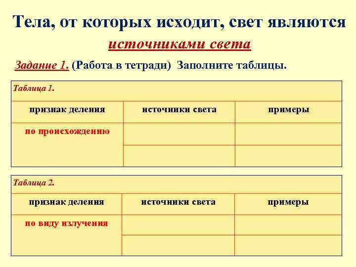 Источники света задачи. Световые явления таблица. Тип источника света и примеры таблица. Тела от которых исходит свет являются источниками света. Признак деления источник света примеры.