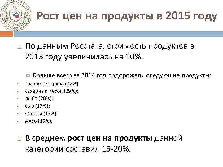 Рост цен на продукты в 2015 году По данным Росстата, стоимость продуктов в 2015