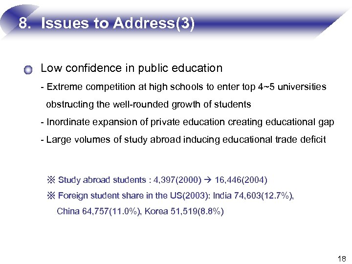 8. Issues to Address(3) Low confidence in public education - Extreme competition at high