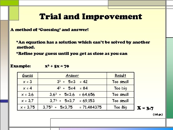 Trial and Improvement A method of ‘Guessing’ and answer! *An equation has a solution