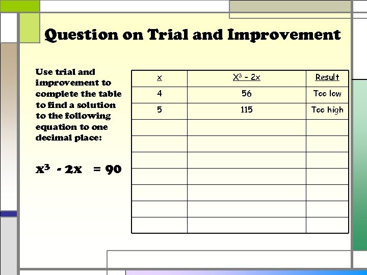 Question on Trial and Improvement Use trial and improvement to complete the table to