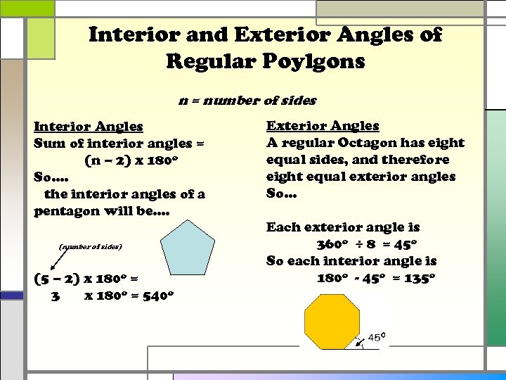 Interior and Exterior Angles of Regular Poylgons n = number of sides Interior Angles