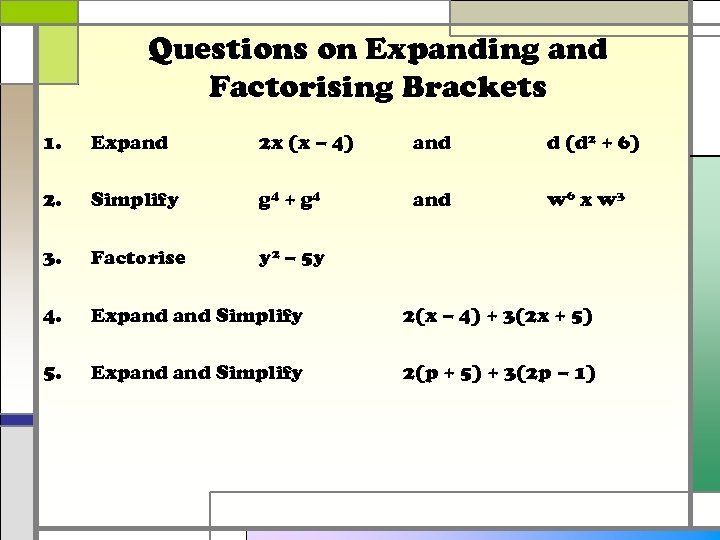 Questions on Expanding and Factorising Brackets 1. Expand 2 x (x – 4) and