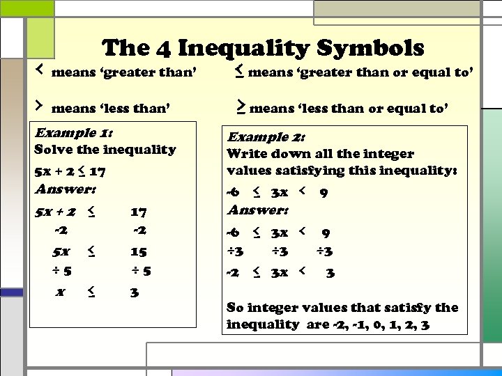 The 4 Inequality Symbols ‹ means ‘greater than’ ≤ means ‘greater than or equal