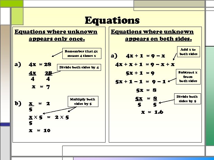 Equations where unknown appears only once. Remember that 4 x means 4 times x